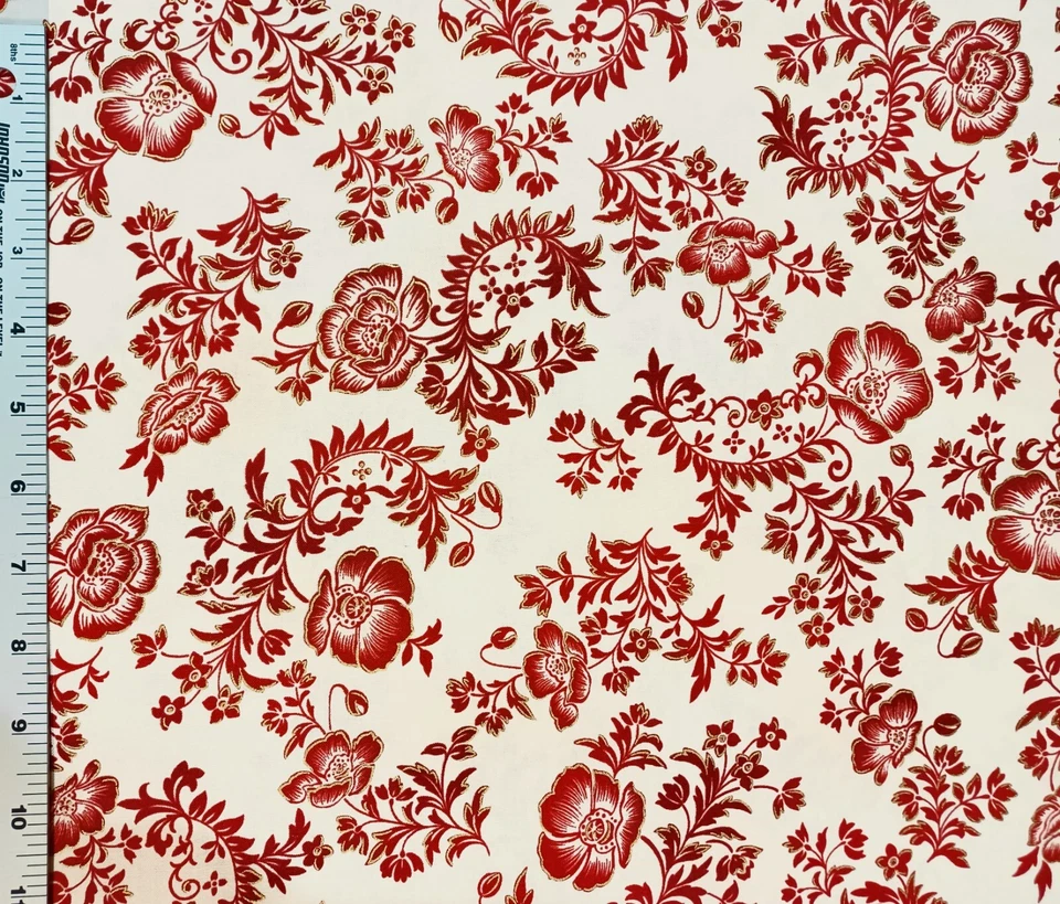 Robert Kaufman Poppy Hill Scarlet Red Gold Accent Cotton Fabric Scroll Floral - Image 2 of 2