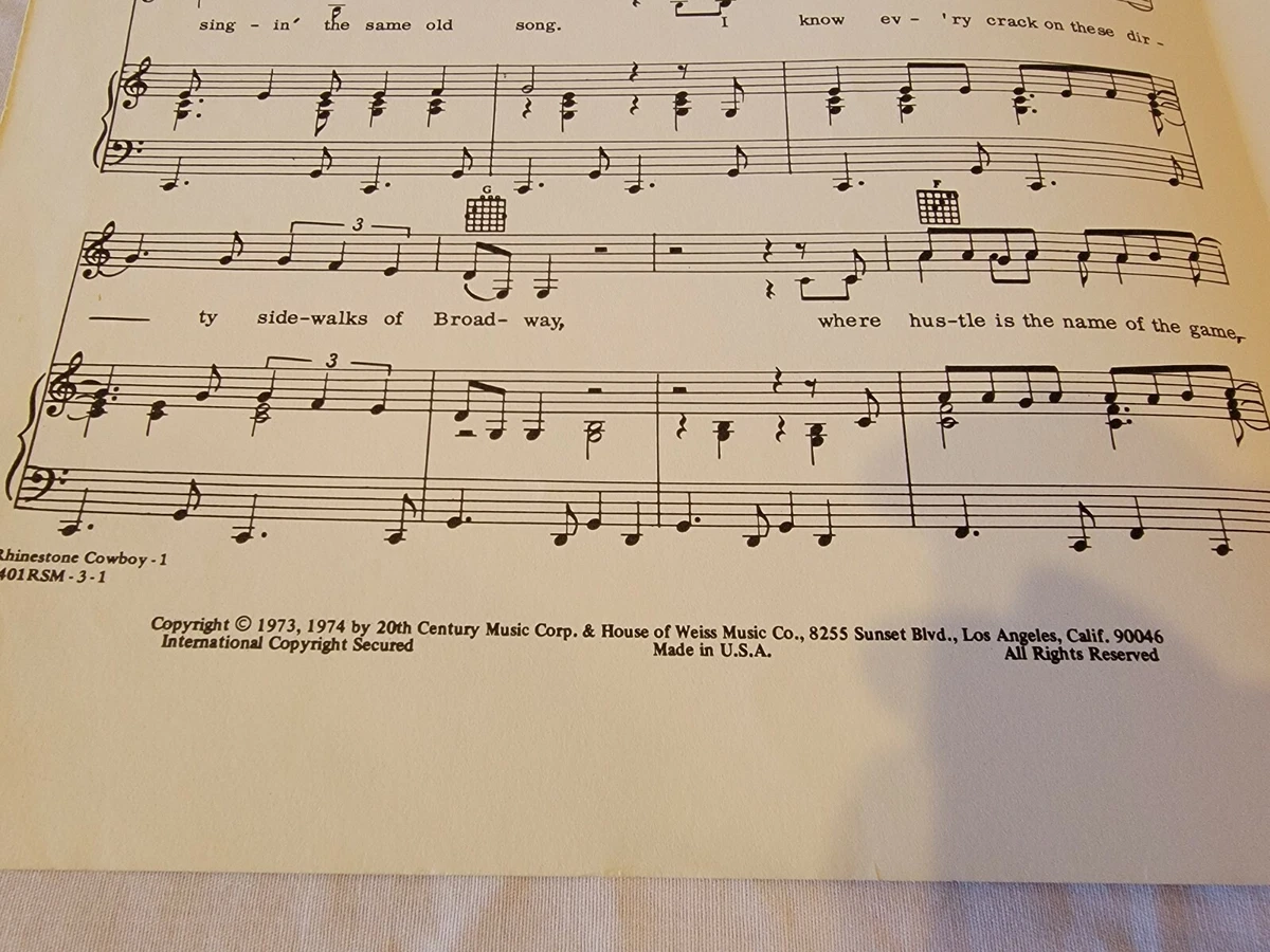 RHINESTONE COWBOY Sheet Music Vintage 1974 Glen Campbell Country Song Pop