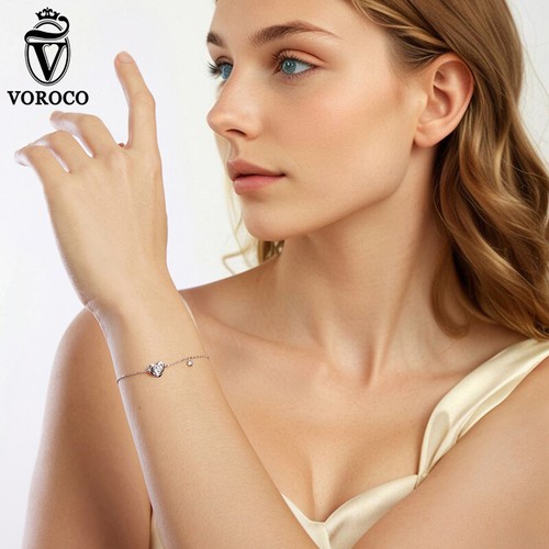 Voroco Unique 925 Sterling Silver Heart Rose CZ Bracelet Women Girl Gift Jewelry - Picture 5 of 18