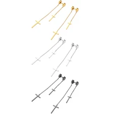 2pcs Stainless Steel Double Cross Chain Stud Drop Dangle Earrings for Men Women