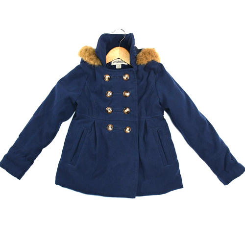 LONDON FOG Girls 7/8 (S) Peacoat Blue Double Breasted Hooded Buttons Fur Pockets - Picture 2 of 12