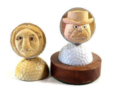 Pair (x2) vtg Folk Art Carved Golf balls Ray Smith Farmer Wife 1990s