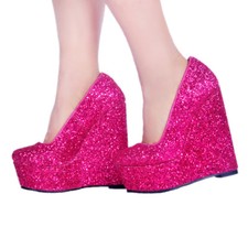Stylish Women Pumps Bling Glitter Wedges Party Heels Fushcia Silver Shoes 4-20