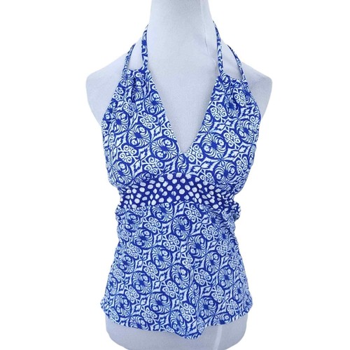 Chaps Tankini Swim Top Size 10 Blue White Bathing Suit Halter Tie Geometric | eBay