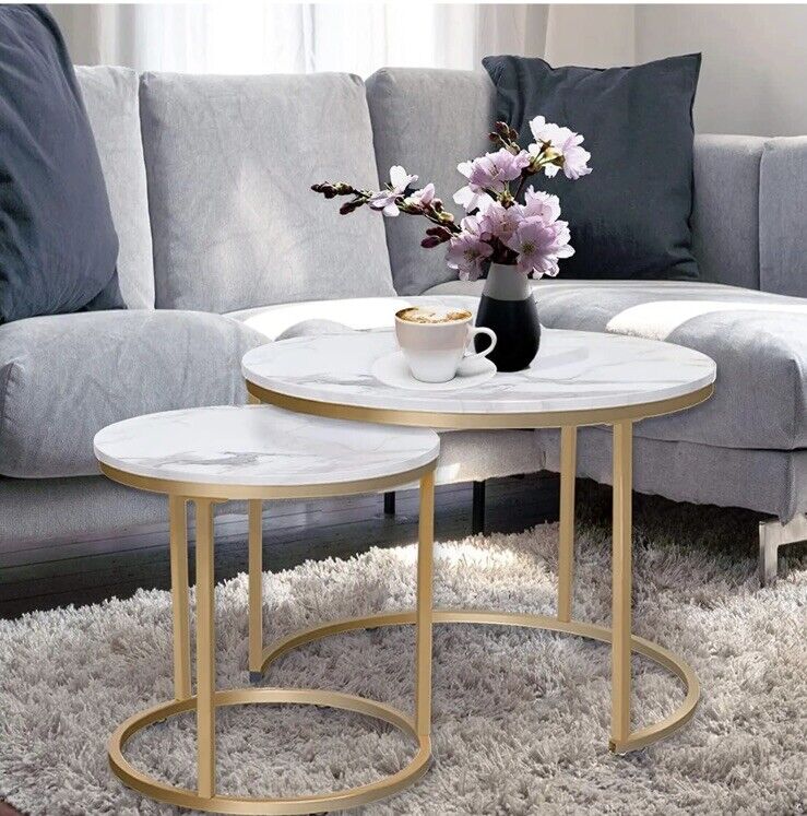HEYZOEY Round Coffee Tables, Removable Set of 2 End Table, Nesting Tables with Gold Metal Frame Legs and Marble White Top for Living Room, Bedroom, Office, Balcony, Apartment (White) 11 HEYZOEY Round Coffee Tables, Removable Set of 2 End Table, Nesting Tables