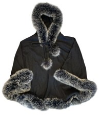 La Fiorentina 100% Cashmere Hooded Black Cape Fox Trim One Size