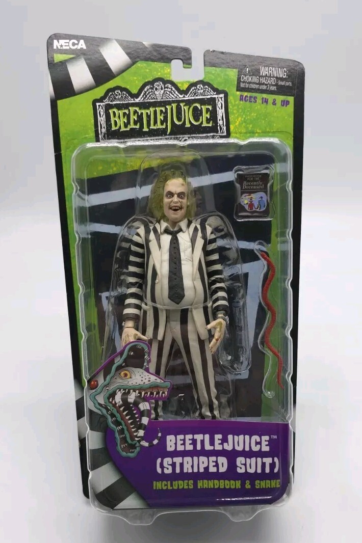 NECA Beetlejuice Striped Suit Action Figure with Handbook & Snake Accessory