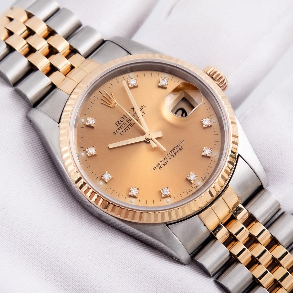 ROLEX MENS 2TONE DJ QS 16233 FACTORY CHAMPAGNE DIAMOND DIAL ROLEX