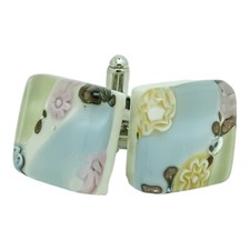 Murano Glas Manschettenkn&ouml;pfe Wei&szlig; Pink Millefiori Paar Quadrat