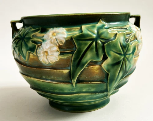 ROSEVILLE ART POTTERY LUFFA DECOR HANDLED JARDINIERE BOWL SHAPE 631-5 GREEN 1934