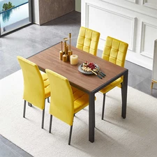 5 Pcs Dining Set 47”Wood&Metal Dining Table Yellow Velvet High Back Dining Chair