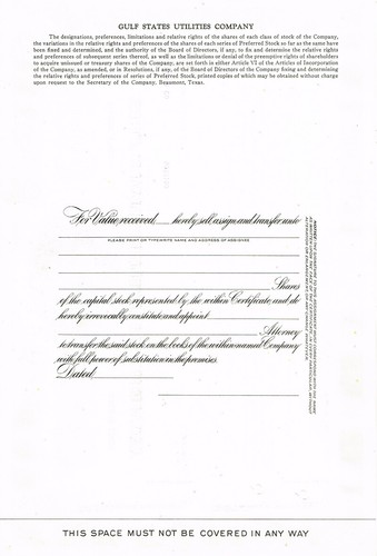 ORIG 1959 GULF STATES UTILITIES COMPANY 100 SHARES STOCK CERTIFICATE W/ VIGNETTE - Picture 2 of 2