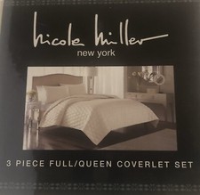 NICOLE MILLER FULL/QUEEN 3PC COVERLET SET SERENITY NATURAL DECORATIVE EMBROIDERY