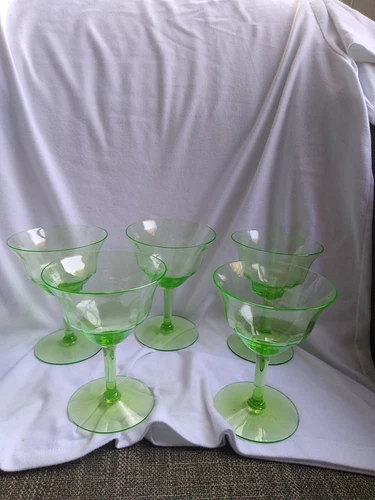 Five Vaseline Uranium Glass Champagne Sherbert Depression Era Goblets Stemware