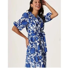 Joie Blue Floral Shirt Dress Belted Fit Flare Casual Size 12