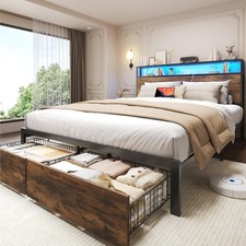Full Queen Size Metal Platform Bed Frame with 2 Storage Drawers  Charging,LED,LP