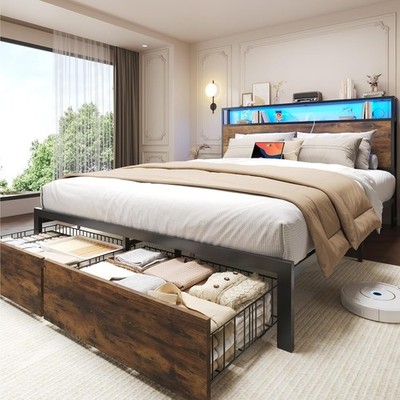 Full Queen Size Metal Platform Bed Frame with 2 Storage Drawers ＆Charging,LED,LP