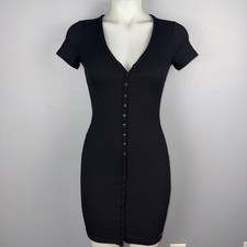 Guess Dress XS Black Ribbed Button Front Mini Bodycon Fitted Stretchy Y2K