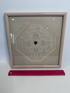 Handmade Hardanger Embroidery Framed Wall Art Cutwork Lace Heart Charm 12”x12”