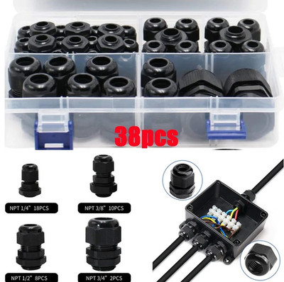 38pcs Waterproof Cable Glands Nylon IP68 Wire Connector Set PG7 PG9 PG13.5 PG21
