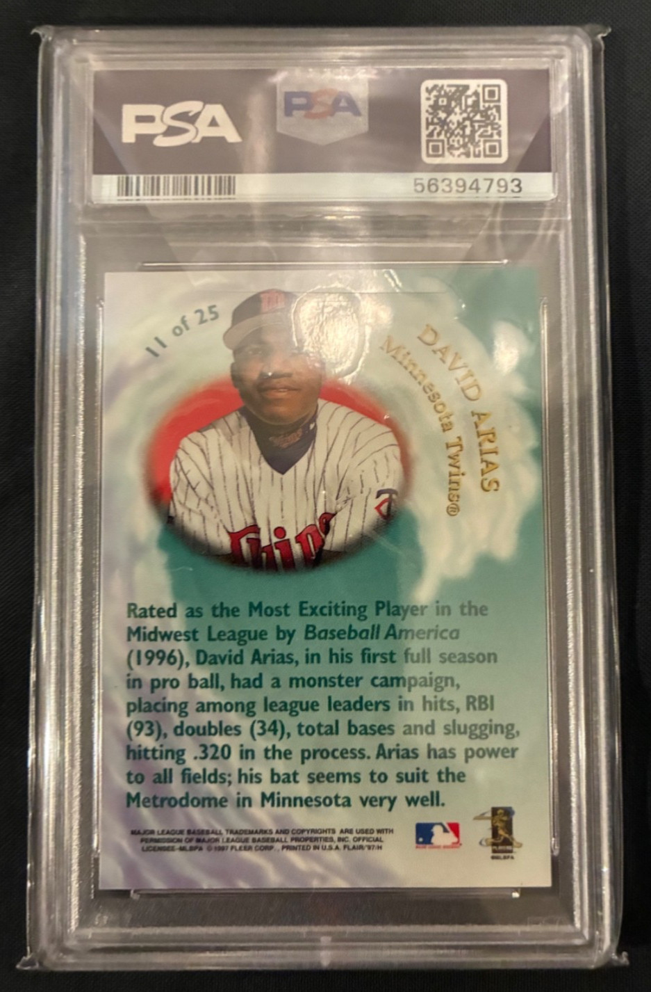 1997 FLAIR SHOWCASE WAVE OF THE FUTURE #11 DAVID ARIAS ORTIZ PSA 10 RC Rookie view 2