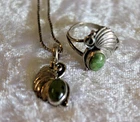 Vintage 925 Sterling Silver Leaf Motif Jade Necklace And Ring Set