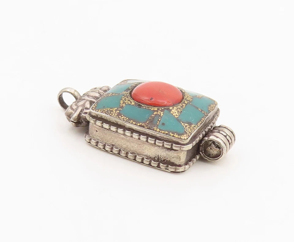 925 Sterling Silver Vintage Pendant Coral & Turquoise Prayer Box OPENS  PT25496 - Image 3 of 4
