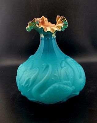 Fenton Azure Satin Swan Pond Vase 1984 Signed Ruffled Gold Rim Blue Swans Decor 