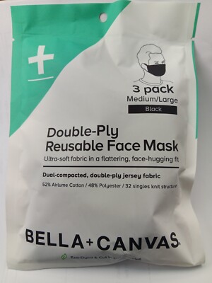 BELLA + CANVAS Black Double-Ply Reusable Face Mask (size M/L) 6 masks (2 x 3-pk)