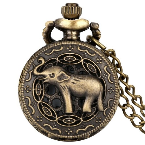 Vintage schöne Elefanten Muster Herren Damen Quarz Taschenuhr lange Kette Geschenk - Bild 5 von 6