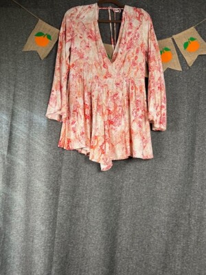Anthropologie Ark Co Python Romper Size L Pink Bell Sleeve Animal Print Tie Back