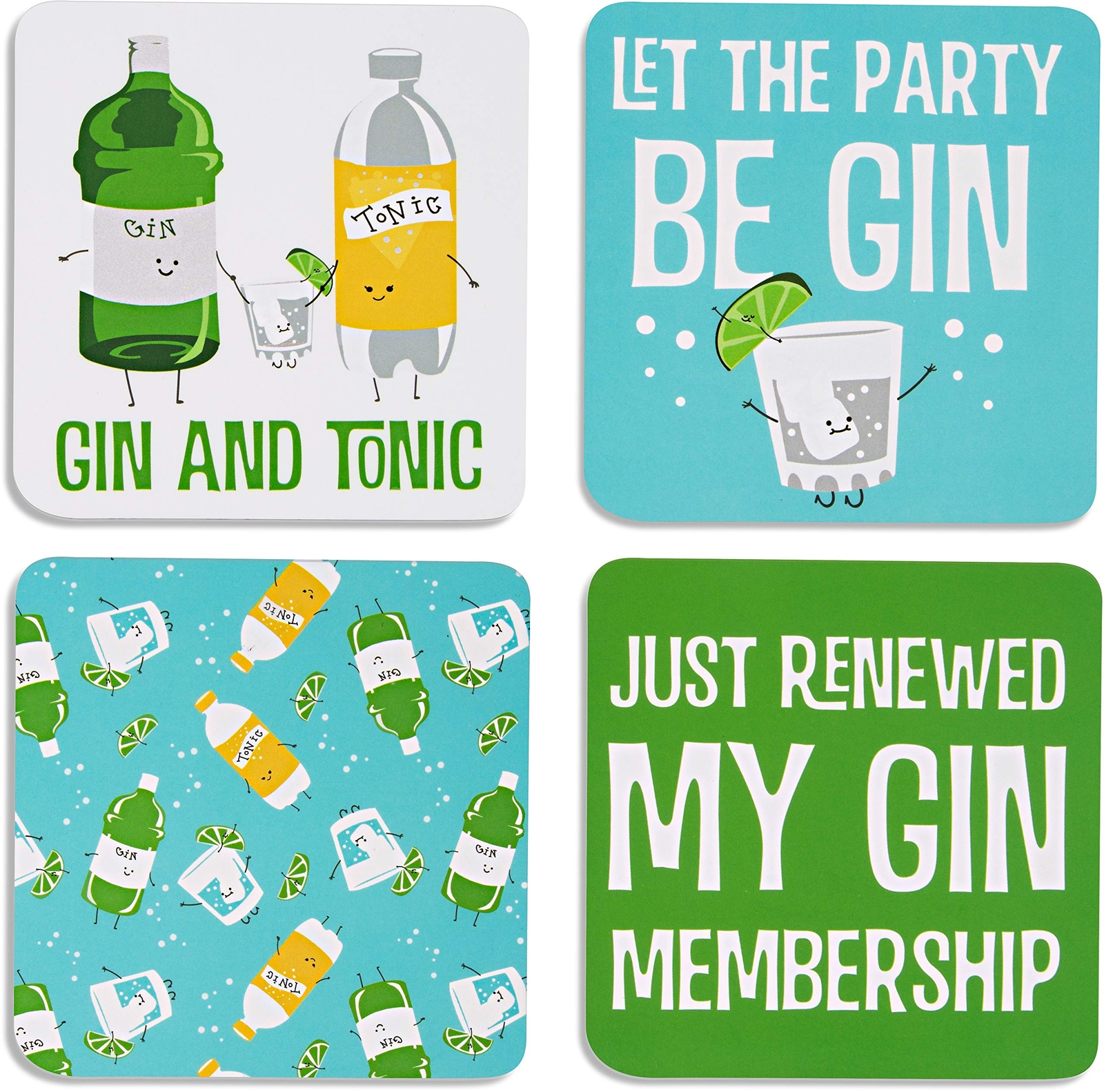- Gin & Tonic - 4 Piece Sentiment, Pattern and Character Coaster Set with Box...
