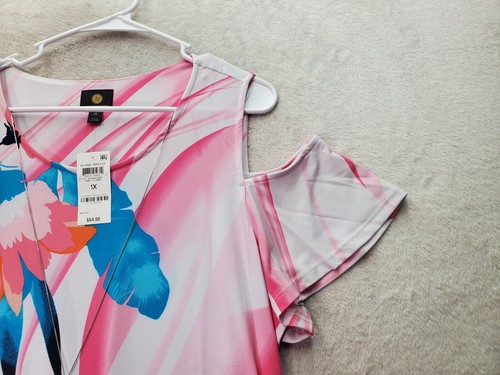 JM Collection Blouse Womens 1X Pink Multi Floral Cold Shoulder Sleeve Round Neck - Picture 5 of 10