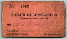 1930s Membership Card Club Queensboro Boston Massachusetts MA 11 Kneeland St G1