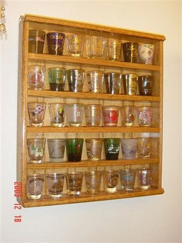 oak 35 shot glass display shelf case   plexi front acrylic  cc1