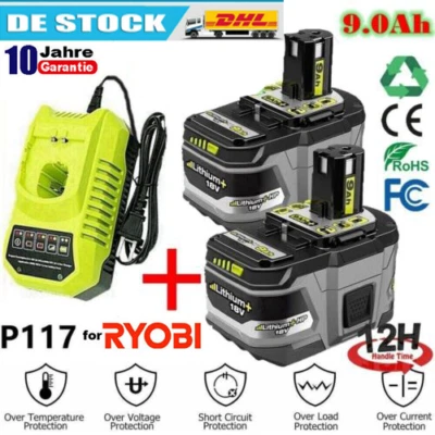 MARKENLOS 2x Für Ryobi Akku 18V 9Ah HP Lithium Plus RB18L50 P108 Batterie /Ladegerät