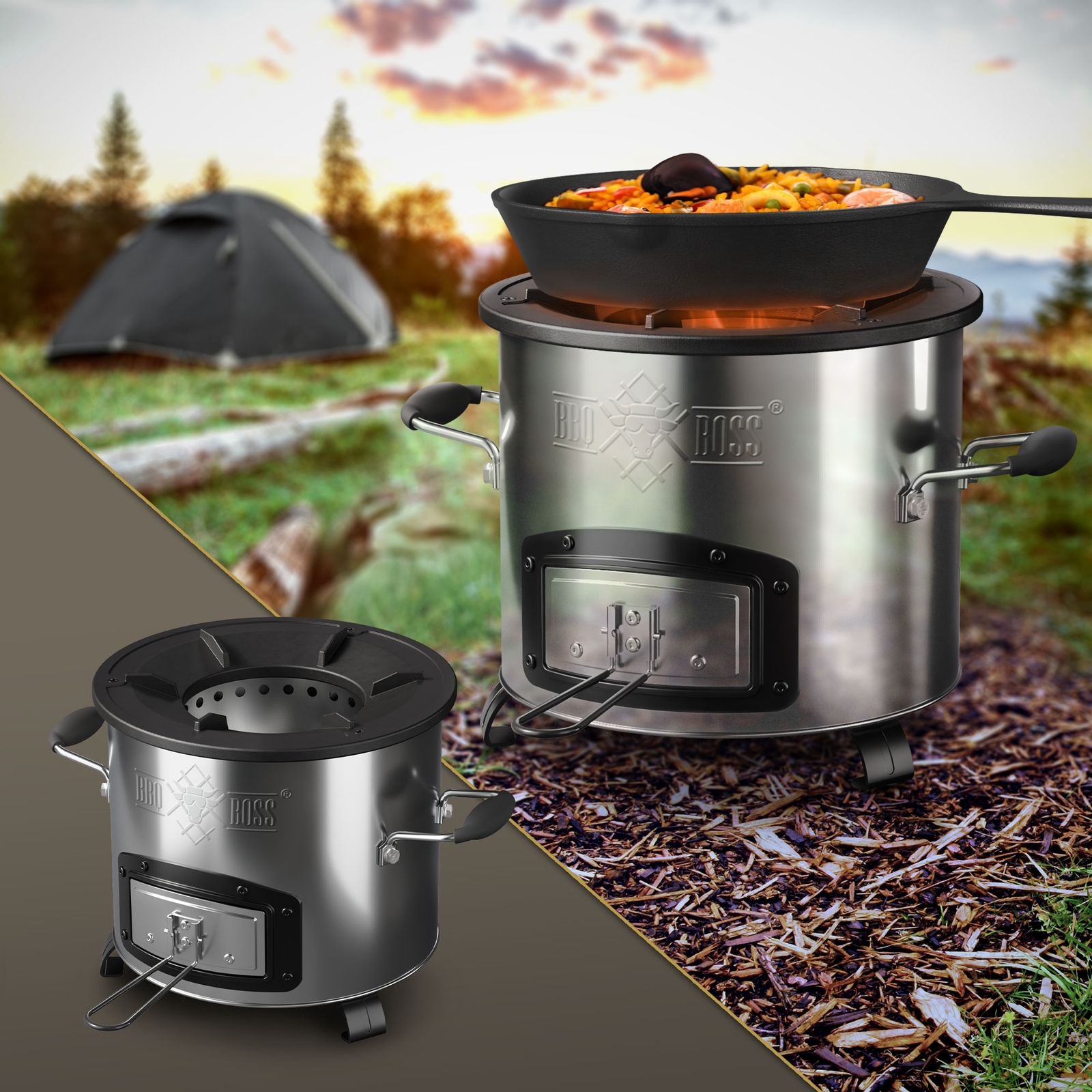 Estufa de camping horno holandes acero inoxidable bbq plata con sarten de hierro