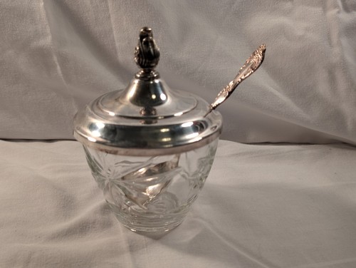 Vtg Anchor Hocking Sugar Bowl w/Silver Plate Lid & Spoon Star Of David Prescott - Picture 2 of 23