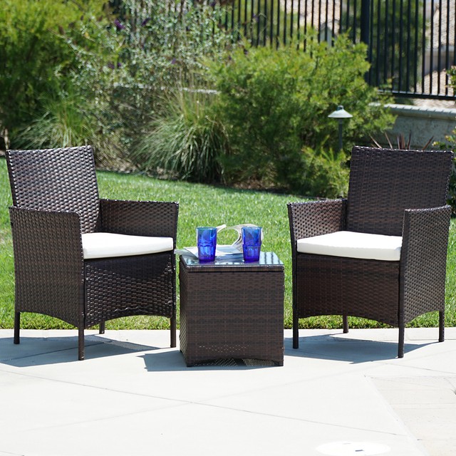 Outdoor Patio Furniture Wicker 3pc Bistro Set Glass Top Table 2 Outdoor Patio Furniture Wicker 3pc Bistro Set Glass Top Table 2 Chairs Brown