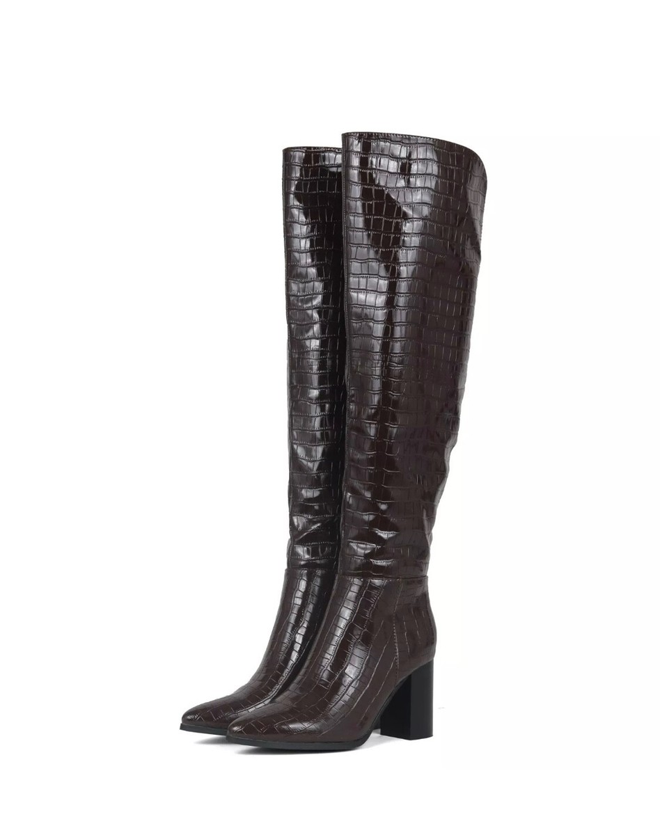 TRENDY OVER KNEE BOOT BROWN FAUX CROC PRINT WITH 9cm BLOCK HEEL