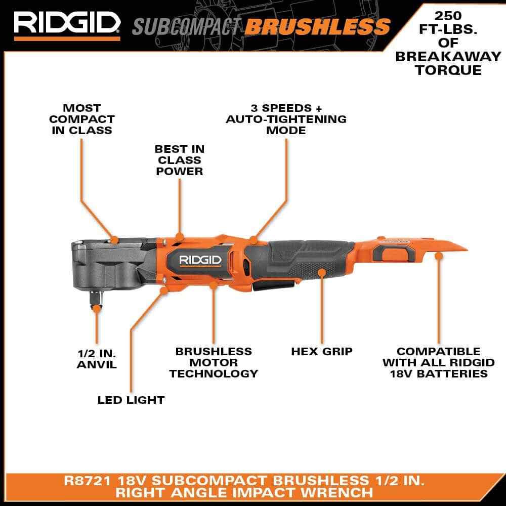 RIDGID R8721B 18V Subcompact 1/2 In. Right Angle Impact RIDGID R8721B 18V Subcompact 1/2 In. Right Angle Impact