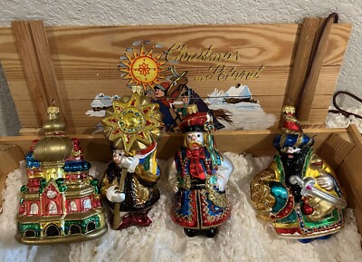 Kurt Adler Polonaise Komozja  ''Christmas in Poland  '' 4 Ornaments Vtg Wood Crate