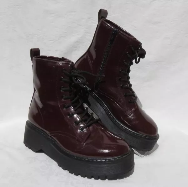 A NEW DAY US Women s 7 Burgandy Shiny Patent Chunky Platform Ankle Boots Shoes