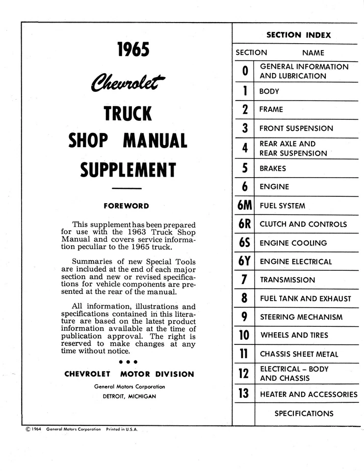 Suplemento manual Chevrolet Truck Shop 1965 - Imagem 2 de 3