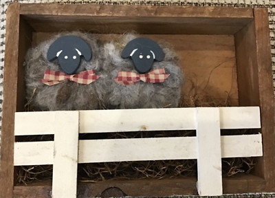 LADIE  AND FRIENDS 2 GRAY SHEEP REAL WOOL IN WOODEN PEN SHADOWBOX  EUC