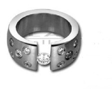 Edelstahl Ring Bandring breiter massiver Zirkonia Damen Silber Spannring Neu