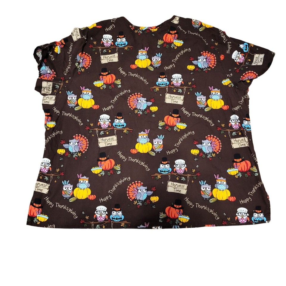 Scrubstar Womens Thanksgiving Print Scrub Top 3X/3XG 100 Cotton Brown
