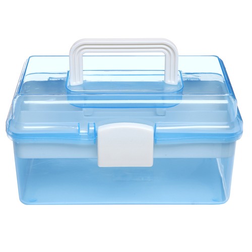 Clear Light Blue Plastic Multipurpose Handled Storage Box w/Removable Tray - Picture 2 of 7