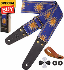 Guitar Strap, Sun Embroidered Cotton Guitar Strap with Head Cowhide Leather Ends