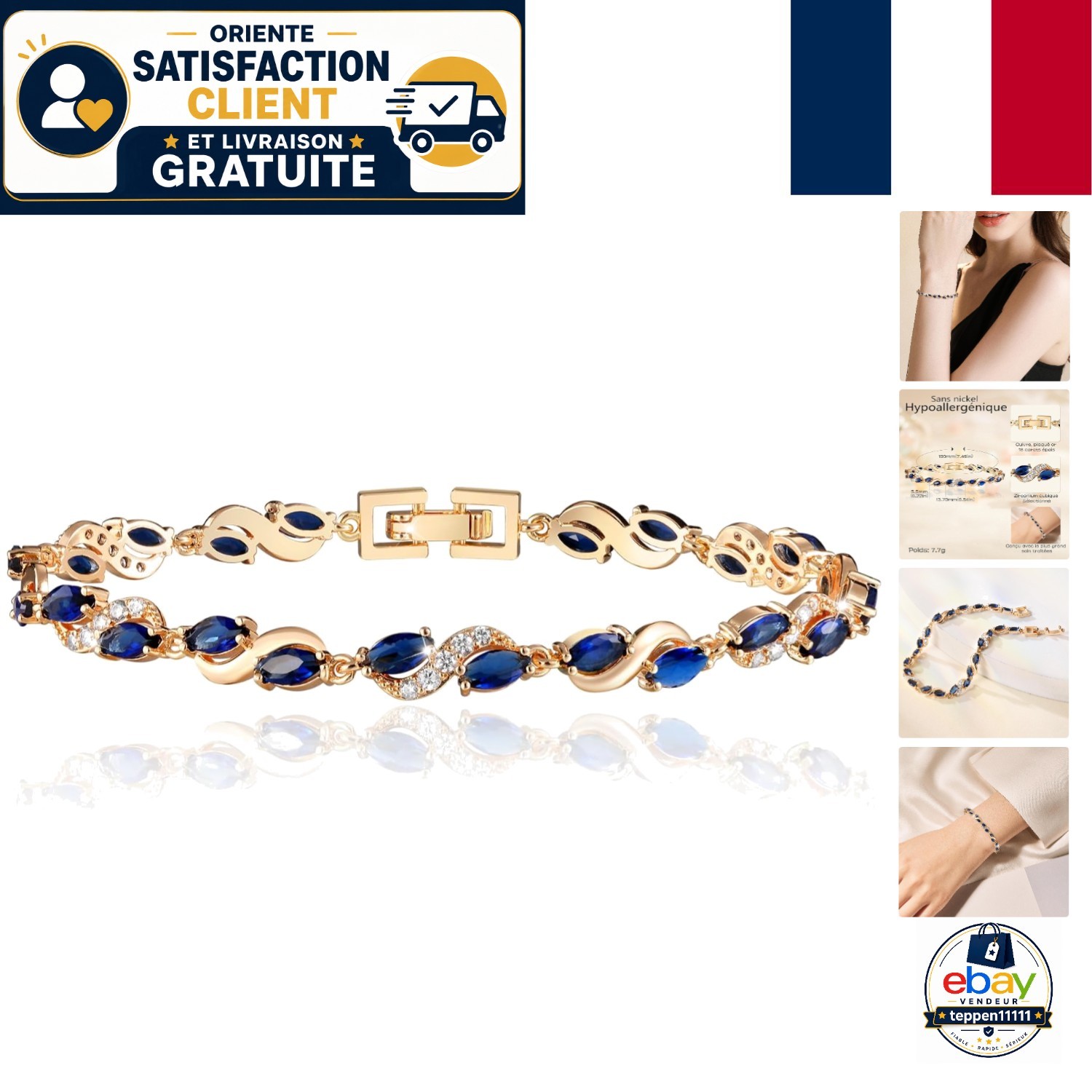 Bracelet or 18k tennis zircone bleu anti-allergique pour femme
